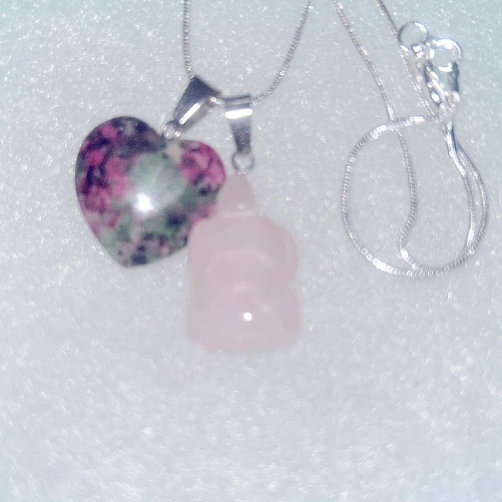 Ruby in Zoisite Heart ❤️ & Rose Quartz turtle 🐢 sterling silver 16” necklace